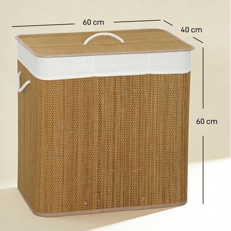 Panier à linge en bambou 3 compartiments avec couvercle et sac amovible, 144L, poignées corde (1/5)