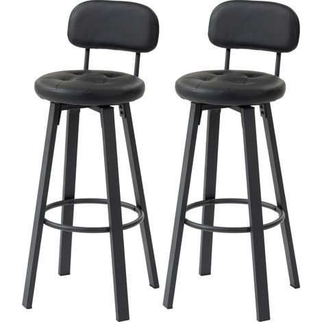 Tabourets de bar similicuir noir - Ensemble de 2 avec dossier et repose-pieds, métal
