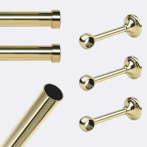 Kit de tringle à rideaux Laiton Poli Verni 250cm Diam.20mm Embout Capuchon - Fixation Mur - Boulet (1/5)