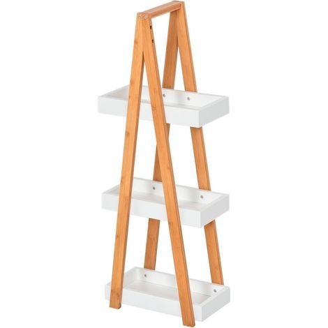 Etagère en Bambou et Bois de Salle de Bain Étagère Debout 3 paniers dim. 30L x 18l x 81H cm Blanc (1/5)