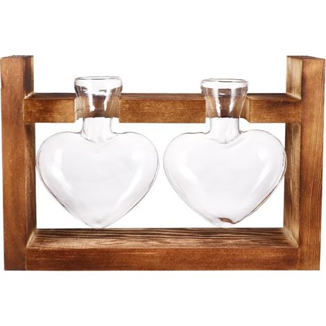 Lot de 2 Vases Hydroponiques en Verre en Forme de Cœur avec Support en Bois Rétro, Décoration Intérieure pour Plantes Vertes, Jardinière pour Succulentes et Arrangements Floraux (1/5)