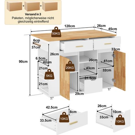 Mobile Kücheninsel mit klappbarer Arbeitsplatte, Küchenwagen und Aufbewahrungsschrank mit 3-stufigem Gewürzregal, 3 großen Schubladen und feststellbaren Rollen, 120 × 45(71) × 90 cm (1/5)