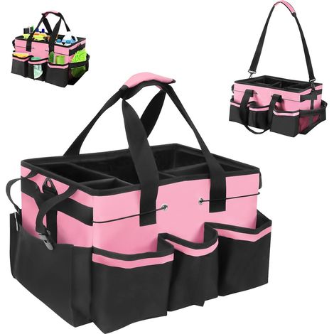 Panier de Nettoyage avec Poignée, Sac de Nettoyage Portable, Organisateur de Produits de Nettoyage avec 5 Poches pour la Maison, la Voiture et la Salle de Bain (Rose) (1/4)