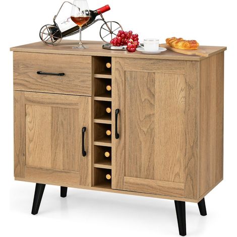 Buffet Cuisine à 2 Portes et 6 Porte-Bouteilles 90 x 40 x 79 cm avec tiroir coulissant style contemporain en bois naturel