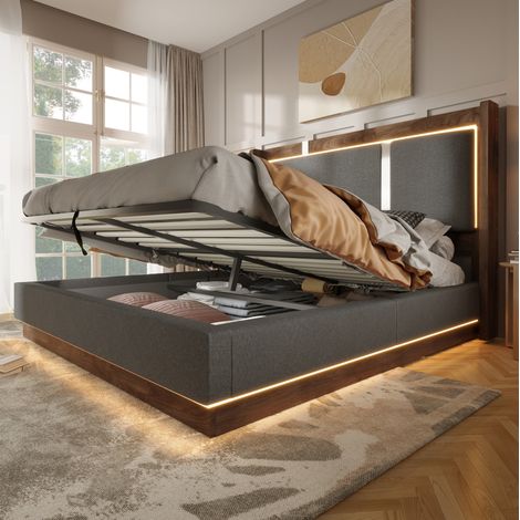 Cama con almacenamiento LED de 160x200 cm con elevador hidráulico, para dormitorio, estructura de madera y lino gris, compartimento de almacenamiento, para dormitorio (1/5)