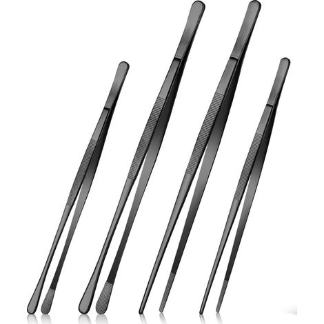 (4 Stück) Küchenpinzette aus Edelstahl, 12 und 10 Zoll, schwarze Küchenpinzette zum Kochen, Reparieren, für Meeresfrüchte und. (1/5)