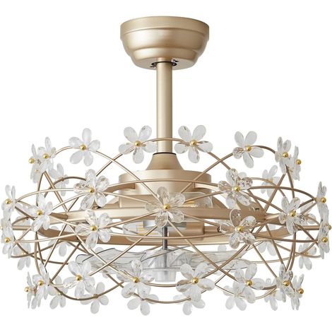 Plafonnier ventilateur luxe 50cm avec cristal et motif fleur, lumière LED, design moderne intérieur(Or, Ampoules non incluses) (1/5)