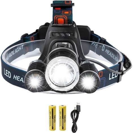 Lampe Torche Frontale LED XML T6 5000LM - 3 Modes Étanche - 2 Piles 18650 Rechargeables 4200mAh - Chargeur et Chargeur Voiture Inclus (1/5)