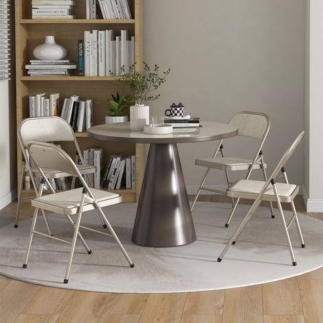 Ensemble de 4 chaises pliantes en métal beige, revêtement en lin, assise rembourrée avec coussin, dossier ouvert, usage intérieur (1/5)