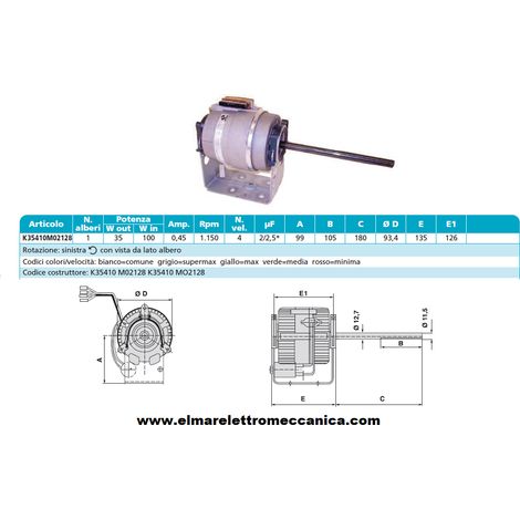 K35410 M01975 M01136 K48407 Motore 86 W MONOALBERO 3 Velocità aspiratore Fan Coil