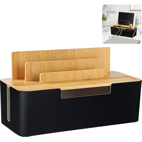 Caja organizadora de cables con cubierta de bambú, caja para toma de corriente de escritorio, apta para teléfonos móviles, tabletas y otros dispositivos, color negro. (1/3)