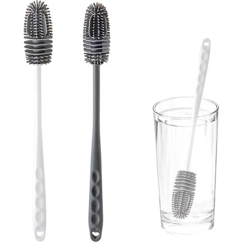 Juego de 2 cepillos para botellas, cepillos de limpieza de silicona, cepillo para platos, cepillo para botellas, tazas, teteras, jarrones