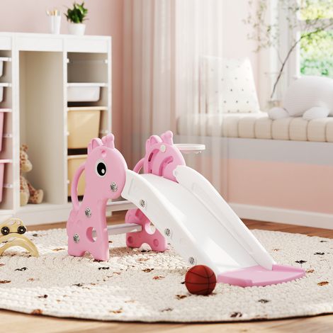 3-in-1 Rutsche für Kinder, Giraffenform, Basketballkorb, Ball, Rosa