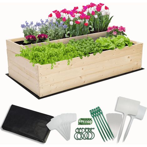 MODO24 Carré potager surélevé en bois, 2 niveaux en cascade, 36x117x63 cm, jardin/terrasse, kit jardinier inclus, naturel