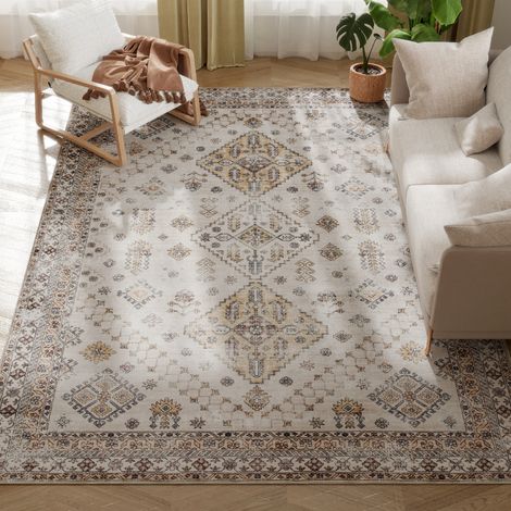 Vintage Area Rug, Non-Slip Washable Rug, Flannel Floor Carpet for Living Room, Bedroom, Dining Room, Home Office, 290 x 200 cm, Beige (1/5)