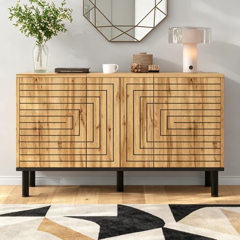 Buffet motif ondulé 120x35x68cm MDF, 3 portes ouverture automatique, charge 50kg, meuble rangement bois salon salle à manger bureau (1/5)