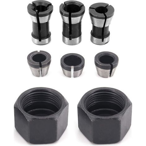 Juego de 6 cabezales de mandril HSS, 6 mm, 6,35 mm, 8 mm. Adaptador convertidor para taladros, máquinas de grabado, recortadoras de madera, soporte de sujeción para fresadora eléctrica + 2 tuercas. (1/5)