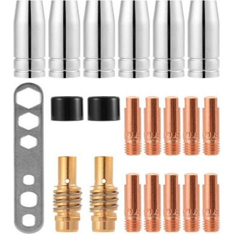 Kit de 21 supports de connecteurs de gaz pour buses de soudage MIG/MAG 15AK, embouts de contact M6 0,8 x 25 mm (10 embouts de contact, 6 buses, 2 connecteurs, 2 isolateurs, 1 outil) (1/4)