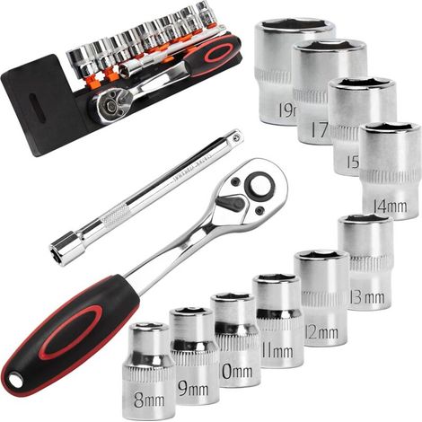 12 Pièces Jeu de Clés à Douille avec Cliquets 3/8" Inserts Hexagonaux 8mm - 19mm et Rallonge Cliquet Réversible 150mm en Cr-V Déclencheur Bouton Poussoir Pièces-Cliquet (1/5)