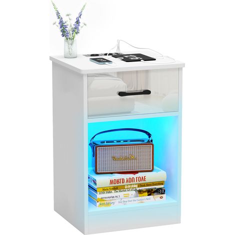 Haloyo® Set di 1 comodini con 1 cassetto, comodino, tavolino per telefono, prese CA, decorazione in legno, per soggiorno, camera da letto, ufficio, 40x35x60 cm, bianco (1/5)