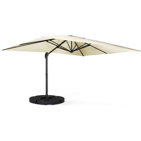 Idmarket – Parasol déporté inclinable rotatif 360° écru 3x4 m – Mât en aluminium – 4 dalles de lestage – Toile polyester 180 gr/m²