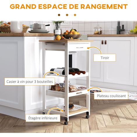 HOMCOM Chariot service cuisine 2 étagères plateau amovible tiroir pin blanc chêne clair