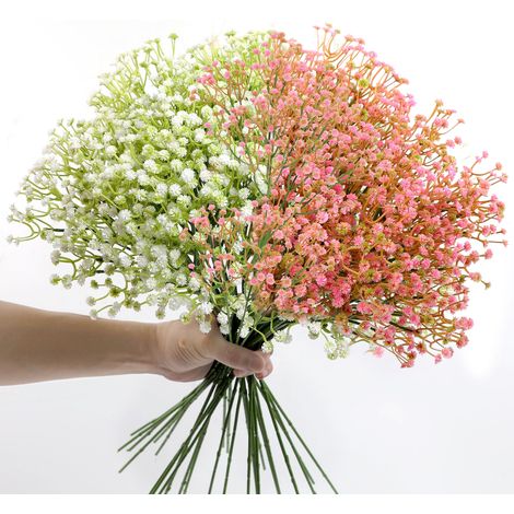 【12 rosa und 12 weiße Stiele pro Beutel, maximal 40 cm gebogen】24-teiliger künstlicher Schleierkraut-Hochzeitsstrauß, künstliche Blumen, Grünzeug, künstliche Plastikblumen, Instagram-taugliche Wohndek (1/2)