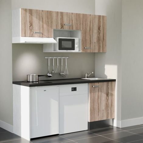 Kitchenette K55L-PT - 180 cm avec plan de travail et évier - Façade Bois - Plan Noir - Evier Inox - Crédences Non