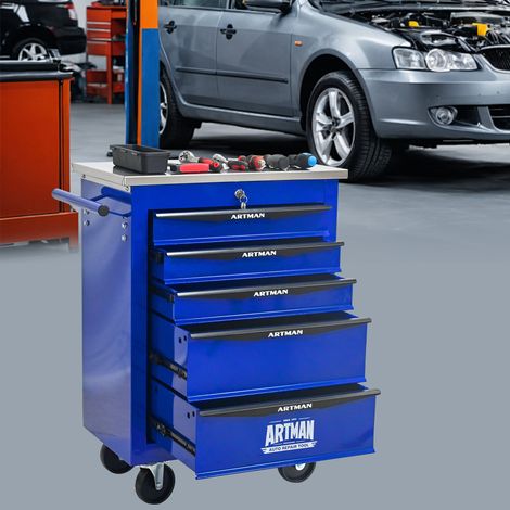 Carro de herramientas metálico con 5 cajones y ruedas ideal para garajes talleres y talleres mecánicos color negro y azul
