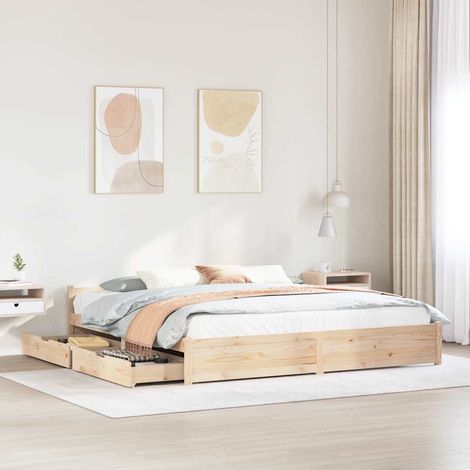 Cadre de lit 200x200 cm bois pin massif avec sommier lattes, tiroirs 2 et tête de lit (1/4)