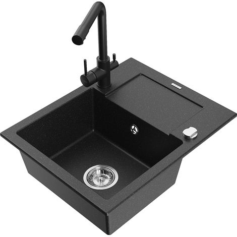 Mexen Enzo 1 Becken-Granitspüle mit Abtropffläche und Mischbatterie Duero, Schwarz/Silbermetallic -