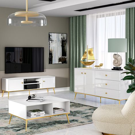Lowboard Set mit Sideboard und Couchtisch in weiß Hochglanz GUBIN-131 edles Design mit goldenen Akzenten (1/5)