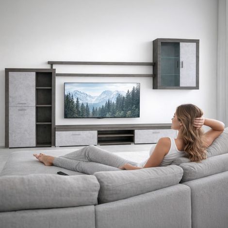 Parete Attrezzata Da Soggiorno Salotto Moderna Con Ante Mensole Vani A Giorno Vetrinetta Mobile TV Design Moderno Moduli Sospesi 293 x 193 x 50 Cm Bianco E Noce - Colore: Ossido e Grigio Cemento