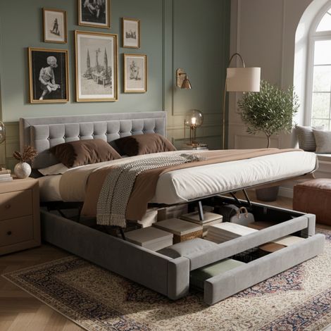 Cama arcón 180x200 cm de terciopelo gris, cabecero ajustable HAVRYA (1/5)