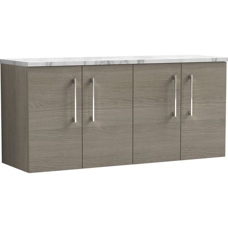 Nuie Arno Wall Hung 4-Door Vanity Unit with Carrera Marble Worktop 1200mm Wide - Solace oak (1/4)