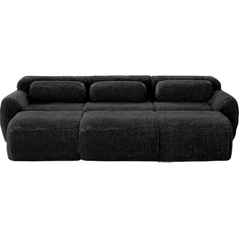 Sofá Modular 3 Plazas en Tela Aterciopelada con 3 Taburetes, Base Antideslizante, Asiento Amplio, Negro (1/5)