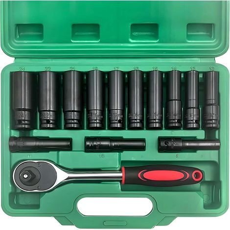 Jeu de 14 Douilles à Chocs Longues 1/2 Pouce (8-24mm) avec Cliquet et Coffret Douille, Mâles 6 Pans 1/2, Clé Professionnel pour Réparation Auto & Changement Pneus - (1/5)