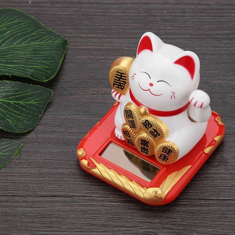 Chat Solaire Accueillant - Chat Mignon Agitant la Patte Porte-Bonheur pour Maison et Voiture (Blanc) (1/5)