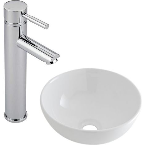 Milano Irwell 320mm White Ceramic Round Countertop Bathroom Basin Sink - With High Rise Tap (1/5)
