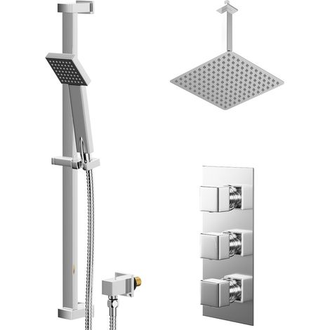 Cubix Polished Chrome Concealed Triple Thermostatic Shower Valve and 300mm Thin Square Fixed Head with 300mm Ceiling Arm and Thames Slide Rail Kit with Square Elbow - 2 Outlet (1/5)