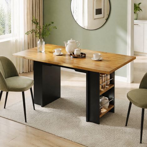 Mesa extensible 120-160 x 80 cm con estantes, MDF, acabado madera natural HAVRYA (1/5)
