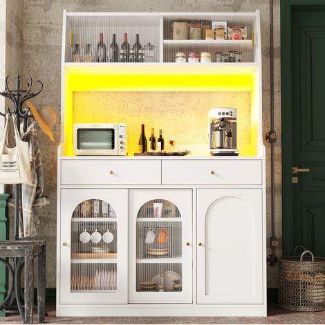 Meuble de cuisine colonne 120 x 40 x 180 cm avec LED, 2 tiroirs, étagères réglables, blanc HAVRYA (1/5)