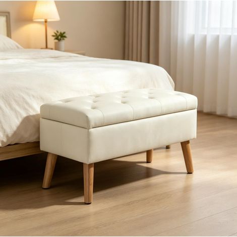 Banco con almacenaje de terciopelo crema, baúl tapizado con asiento acolchado y patas de madera, 80 x 35 x 42 cm, carga 120 kg – CHICFURN, ideal para dormitorio o recibidor (1/5)