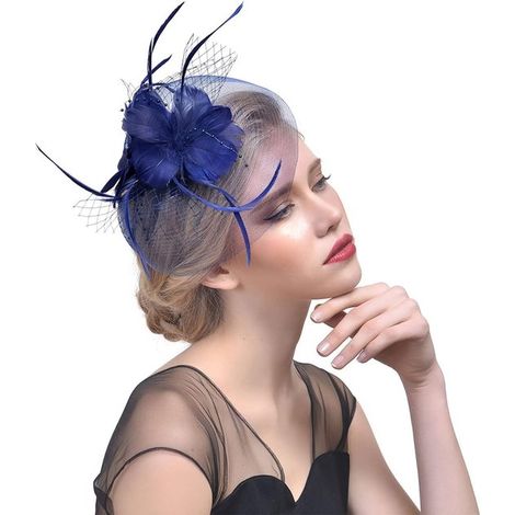 Adorno para el cabello azul para mujer, ideal para fiestas de cóctel, con flores, tul, cintas y pinza dividida. (1/5)