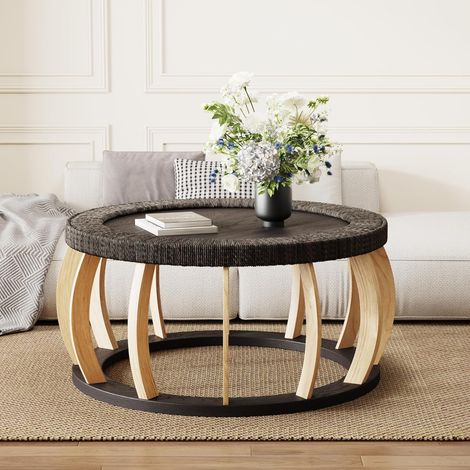 Table ronde en bois massif, en rotin. Pieds incurvés. Style boho. Parfait pour la salle à manger, la cuisine et le salon. Couleur : noir ou marron.