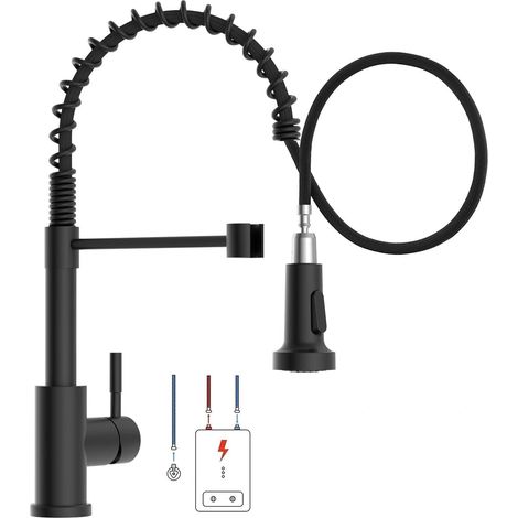 Black Spring Niederdruck-Küchenarmatur aus gebürstetem Edelstahl mit 2-Modus-Ausziehbrause, 1 Loch, 360° drehbar, ausziehbare Spültischarmatur