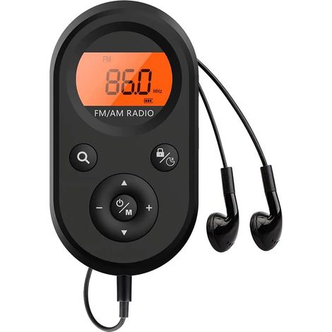 Mini radio AM/FM recargable, compacta, portátil, con batería integrada, auriculares, pantalla LCD y peso ligero para uso deportivo y diario. (1/5)