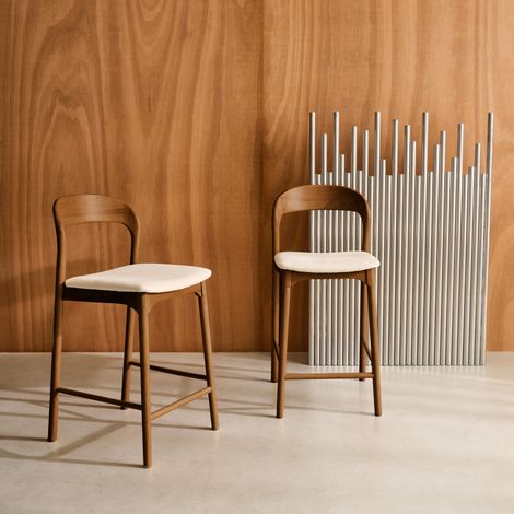 Lot de 2 tabourets de bar bois d'hévéa et tissu. L58.8 x P46.5 x H95.5cm - Athena Noyer / Beige (1/5)