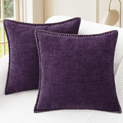 Set aus 2 dekorativen Kissenbezügen, 45 x 45 cm, aus Baumwolle, mit genähten Kanten, einfarbig pflaumenlila, für Sofa, Bett, Wohnzimmer oder Landhaus (1/5)