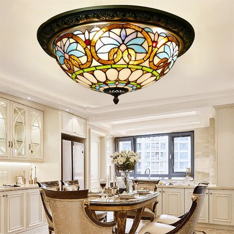 Plafonnier Tiffany haut de gamme fait main AUTRUCKER - Vitrail, design artistique, culot E27, 110-220V-Apporte une touche de luxe à votre intérieur-40cm